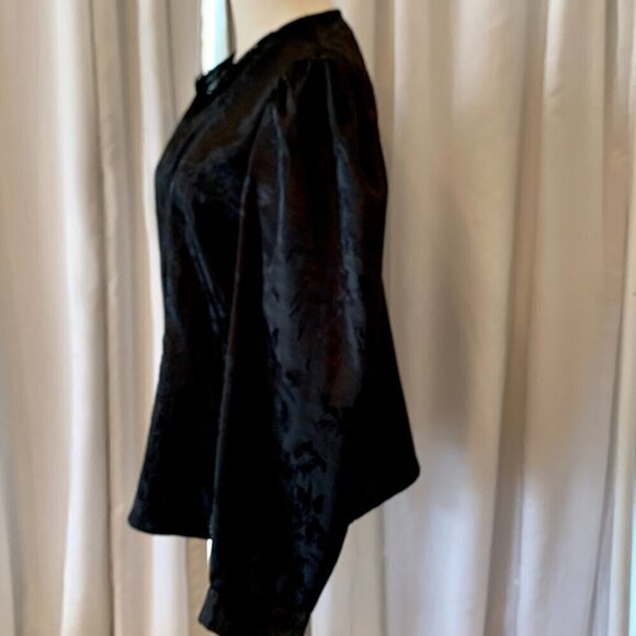 Vintage 80s Black Satin Floral Brocade Blouse Lace Neckline Puff Long Sleeve XL - Picture 5 of 11